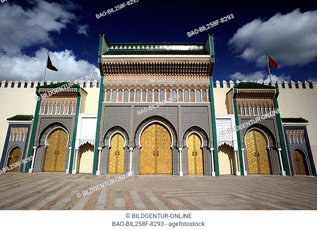 The gate of the royal Palace in the Madina or Old Town of fez in the north of Morocco in North Africa