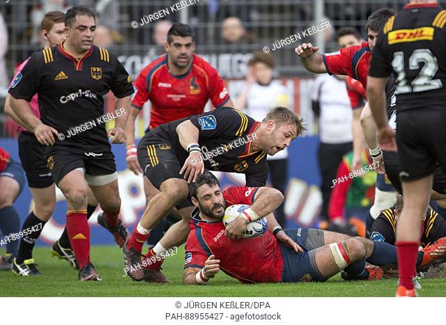 Jaime Nava de Olano (Spain, 8) and Jacobus Otto (Germany, 6) in action during the European Rugby Championship Division 1A match between Germany and Spain in...