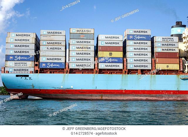 Florida, Miami Beach, South Beach, Government Cut, shipping channel, water, container ship, cargo, Maersk Line, transportation, view from South Pointe Park
