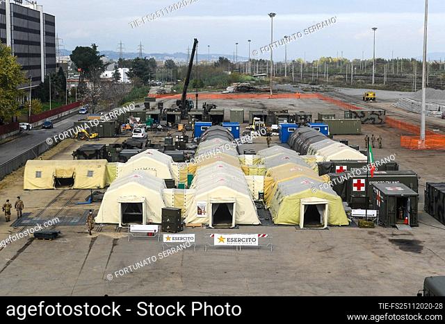 A view of the field hospital. The Italian Army is building the field hospital in the area of the former freight yard of the railway station to deal with the...