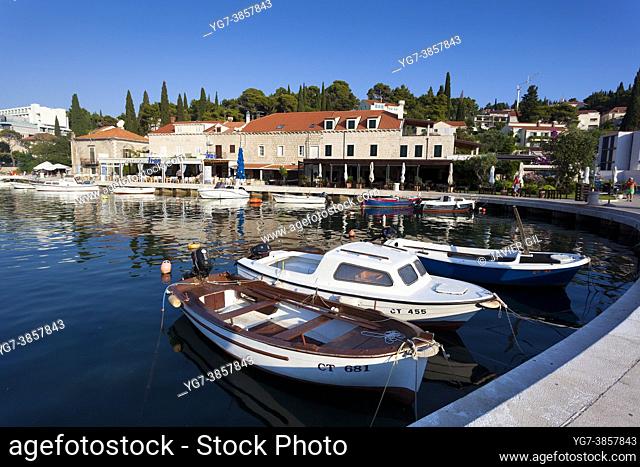 Harbour restaurants in Cavtat, Dubrovnik Riviera, Dalmatian coast, Croatia