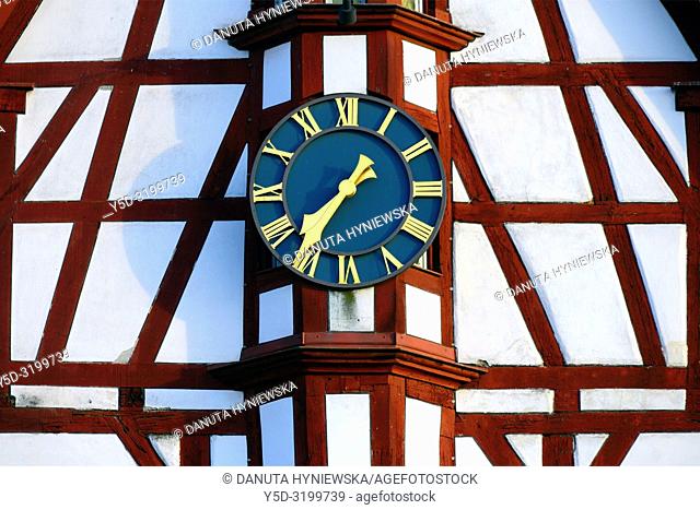 Half-timbered building of Town Hall, close-up of tower clock, Rathausplatz - Town hall square, Forchheim, Franconian Switzerland, Upper Franconia, Franconia