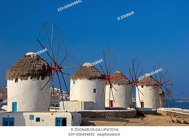 Row of windmills in Mykonos