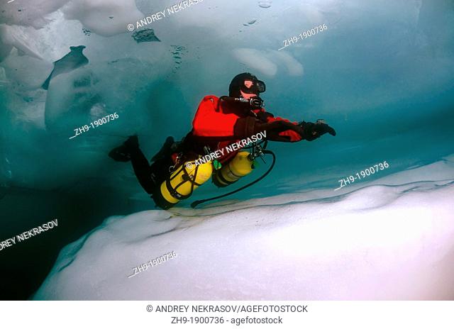 Technical diving under ice, in lake Baikal, Siberia, Russia, island Olkhon