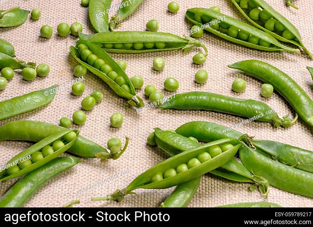 Scattered pods peas and green peas on a canvas cloth