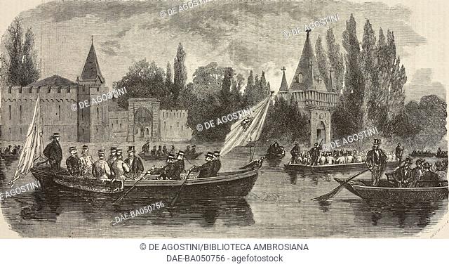 King of Italy, Vittorio Emanuele II and the Emperor of Austria Franz Joseph in a boat on Lake Laxenburg, Austria, illustration from L'Illustration