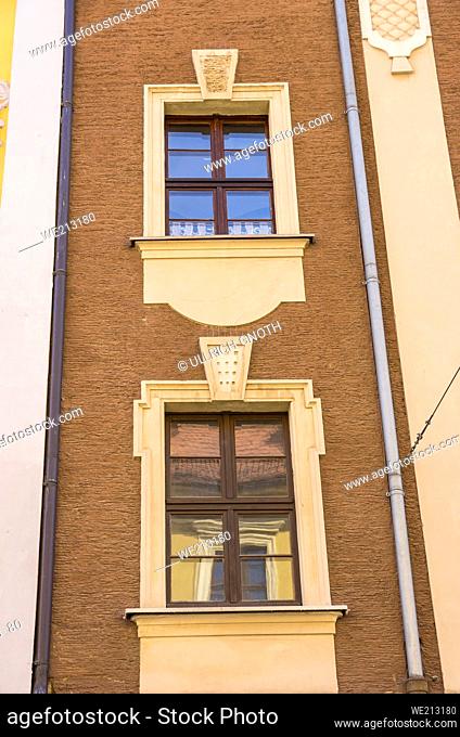 Historical house facade detail on Reichen Street (Reichenstrasse) in Bautzen, Upper Lusatia, Saxony, Germany