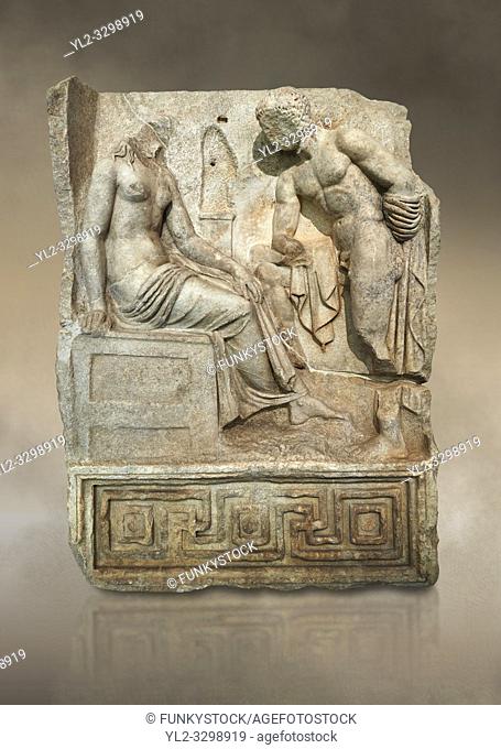Roman Sebasteion relief sculpture of Io and Argos Aphrodisias Museum, Aphrodisias, Turkey. Against an art background.