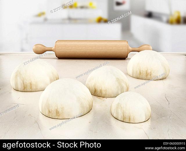 Rolling pin and fresh doughs standing on white table. 3D illustration