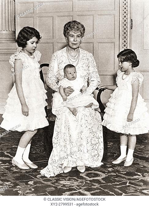 Mary of Teck with her grandchildren in 1936, Princess Elizabeth, left, Princess Margaret Rose, right and on her lap, Prince Edward