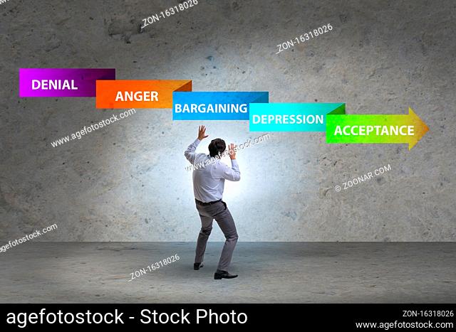 Concept of five stages of grief with the businessman