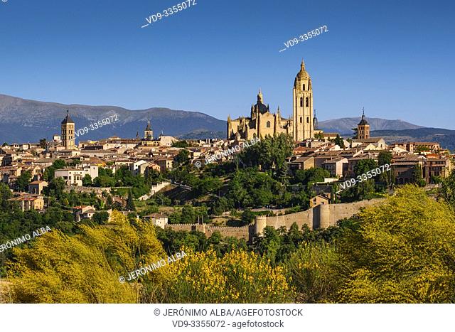 Landscape. Panoramic view cathedral and Segovia city. Castilla León, Spain Europe