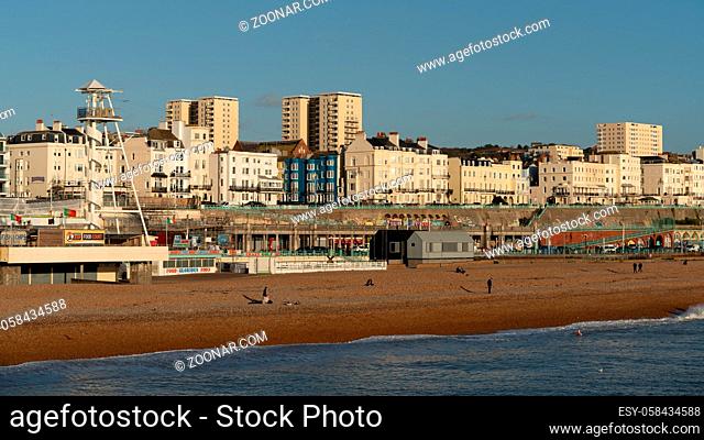 BRIGHTON, EAST SUSSEX/UK - JANUARY 8 : View of the beach in Brighton East Sussex on January 8, 2019. Unidentified people