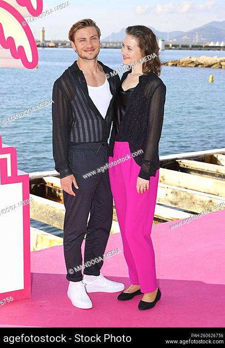 Cannes, France - October 13, 2021: Cast of german Period Drama Sisi with german Actors Jannik Schuemann and Dominique Devenport at Canneseries