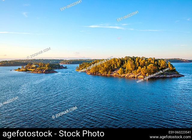 Scandinavian landscape. Panoramic view of small islands in the archipelago of Stockholm, Sweden