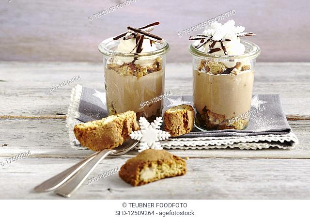 Chocolate and espresso cream with cantucci and vin santo in jars