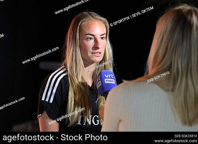 Tessa Wullaert of Belgium giving a reportage to VRT after a press conference ahead of a female soccer game between the national teams of Belgium