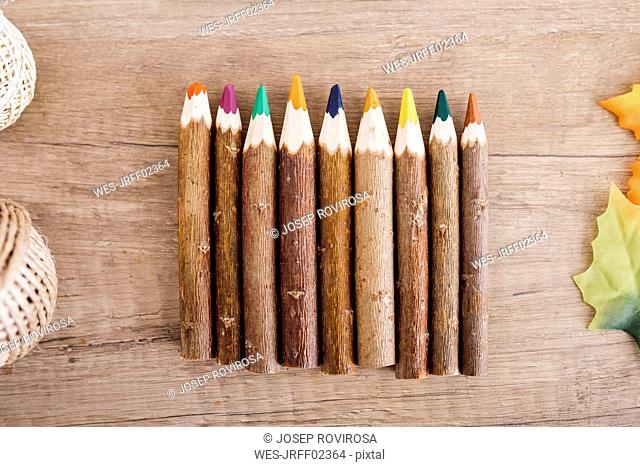 Wooden coloured pencils in a row