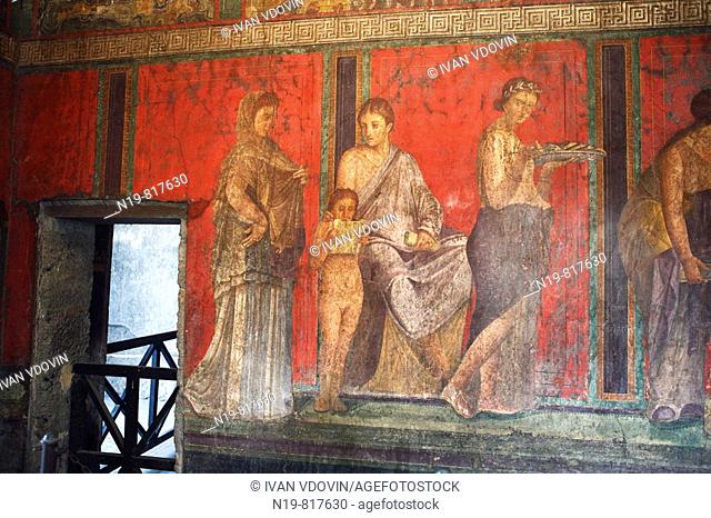 Fresco depicting the reading of the rituals of the bridal mysteries, ruins of Villa of the Mysteries (1st century AD), Pompeii, Campania, Italy