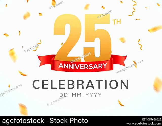 25 Anniversary gold numbers with golden confetti. Celebration 25th anniversary event party template