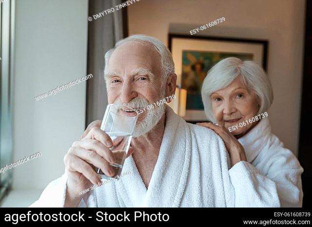 Happy morning. A happy elderly couple feeling good together