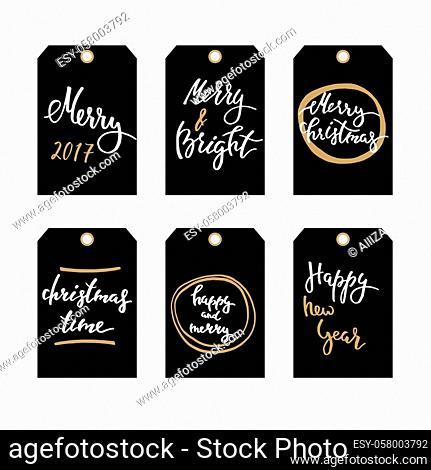 Collection of gold texture Christmas and New Year cute ready-to-use gift tags black, gold and white