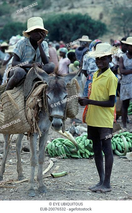 Market scene with two young boys with donkey carrying basket panniers