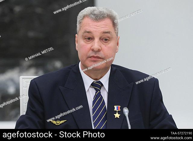 RUSSIA, MOSCOW - FEBRUARY 9, 2023: Hero of Russia Andrei Lamanov, Tupolev Tu-154 aircraft commander at ZAO Alrosa, attends a meeting between Russian President...