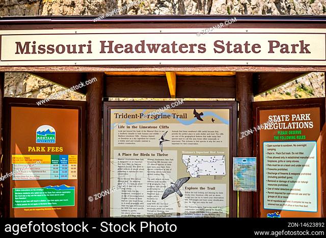 Three Forks, MT, USA - June 5, 2019: A welcoming signboard at the entry point of preserve park