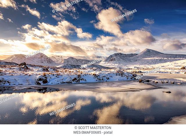 UK, Scotland, Rannoch Moor, Loch Ba and Black Mount Mountain Range in winter