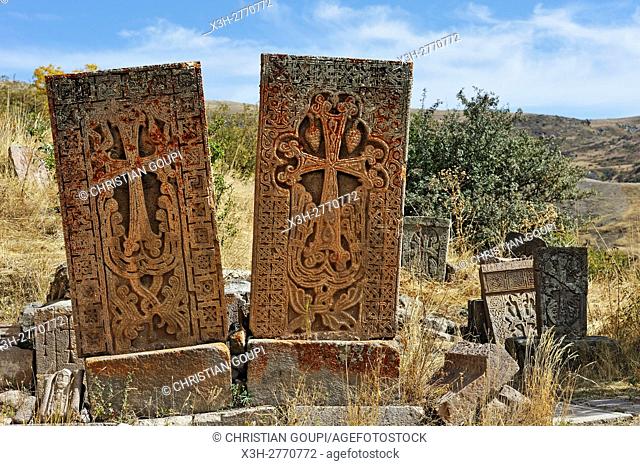 khachkars at Tsakhats Kar Monastery, Yeghegnadzor, Vayots Dzor province, Armenia, Eurasia