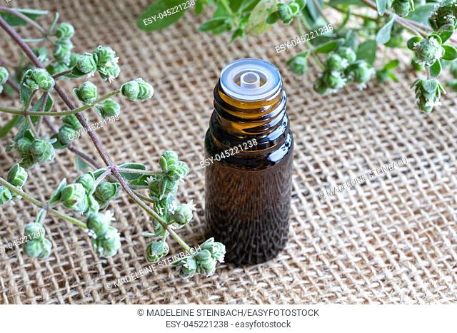 A bottle of essential oil with fresh blooming marjoram twigs in the background
