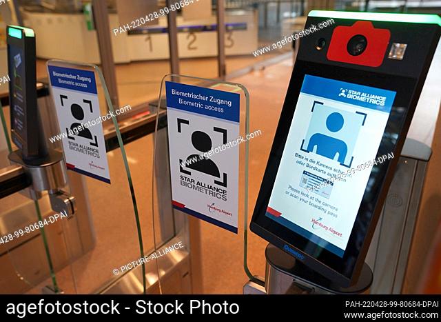 28 April 2022, Hamburg: View of the biometric facial field recognition system in front of the security checkpoint in the departure area of Hamburg Airport