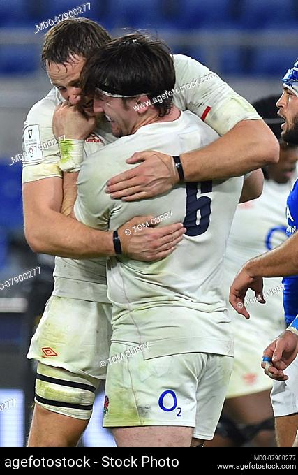 England player Tom Curry celebrating after the score during the match Italy-England in the Olimpic stadium. Rome (Italy), October 31st, 2020