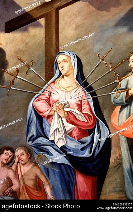 Baroque painting of the altarpiece: Our Lady of the Seven Sorrows. Jesus Christ in the tomb, the Virgin Mary and St. John. Details