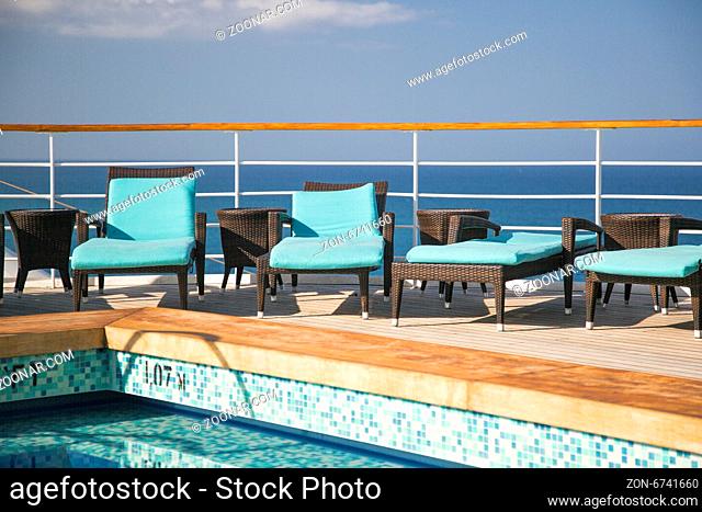 Cruise Ship, Ocean, Lounge Chairs And Swimming Pool Abstract