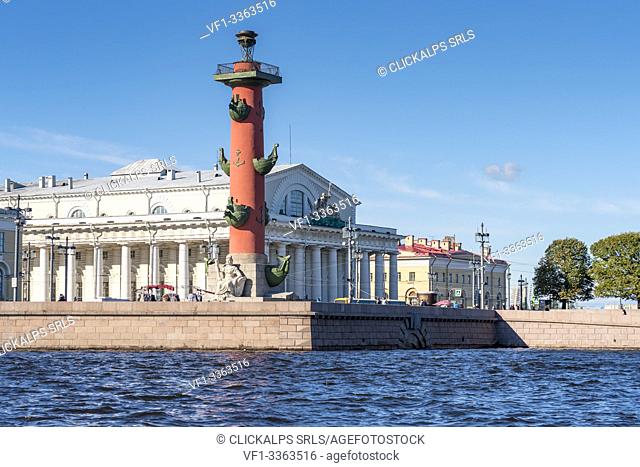 Stock Exchange building and rostral cloumn on the Spit of Vasilievsky Island. Saint Petersburg, Russia