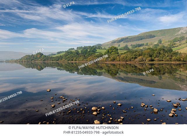 View of lake with reflections, Semerwater, Wensleydale, Yorkshire Dales N.P., North Yorkshire, England, October