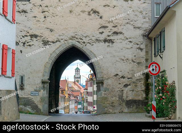 Ravensburg, BW / Germany - 21 June 2020: view of the Blaserturm Tower through the Obertor Gate in Ravensburg in southern Germany