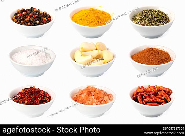 set of Bowl with spices on white background