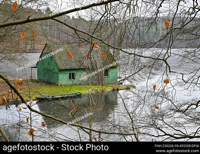 06 February 2023, Brandenburg, Siehdichum: An old fisherman's house stands on the shore of Hammersee, which is covered with a thin layer of ice