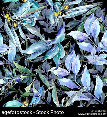 Blue elaeagnus leaves in a watercolor style. Seamless background pattern. Fabric wallpaper print texture. Aquarelle leaf for background, texture