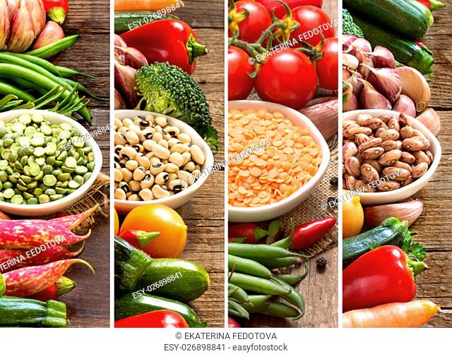 Collage of four legumes in bowls with fresh vegetables