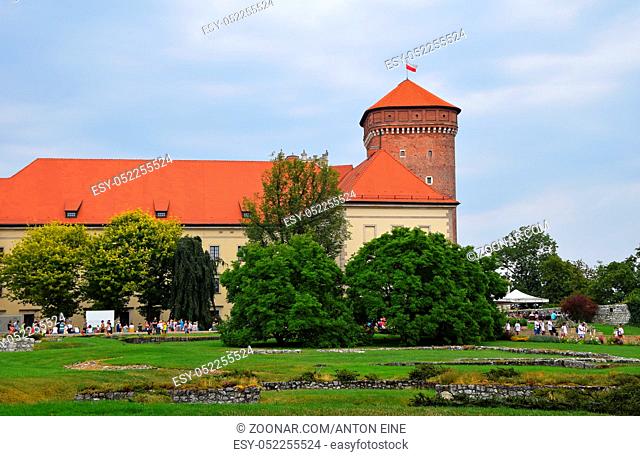 Side view of medieval Wawel Royal Castle, one of most popular tourist attractions and landmarks in Krakow, Poland