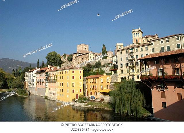 Bassano del Grappa Italy, the houses along the Brenta river and the Ezzelini castle