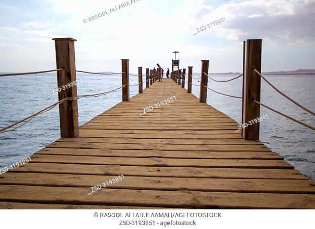 Sharm El-Shaikh, Egypt - November 2, 2018:- photo for wooden bridge in Red Sea coast In the Egyptian city of Sharm el-Sheikh