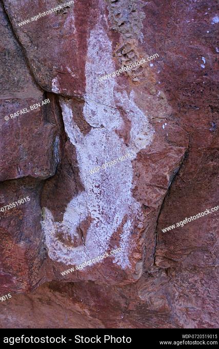 WYNDHAM, WA - AUG 12 2022:Australian Aboriginal mythology of crocodile painted on rock galleries in a cave in Kimberley Western Australia
