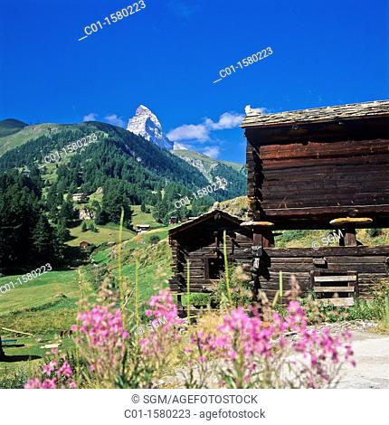 Mazot, traditional wooden raccards and top of the Matterhorn, Zermatt, canton Valais, Switzerland