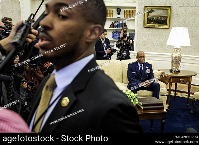 United States Air Force General Charles Q. Brown, Jr, Chair, Joint Chiefs of Staff as he meets with US President Joe Biden in the Oval Office of the White House...