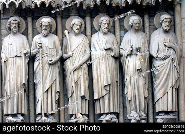 Paris, Notre-Dame cathedral, detail of central portal, depicting the Last Judgment. From left to right: Bartholomew, Simon, James the Less, Andrew, John